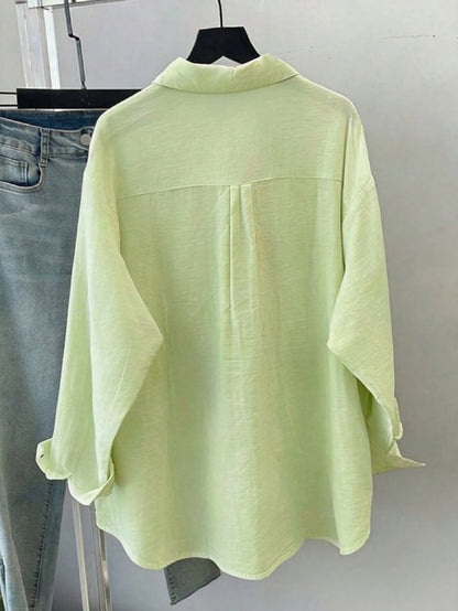 Women's Spring/Summer Solid Color Loose Casual Long Sleeve Shirt, Featuring Dropped Shoulder Design, Shirt Collar And Front Pocket, Woven Fabric For Casual Daily Look.