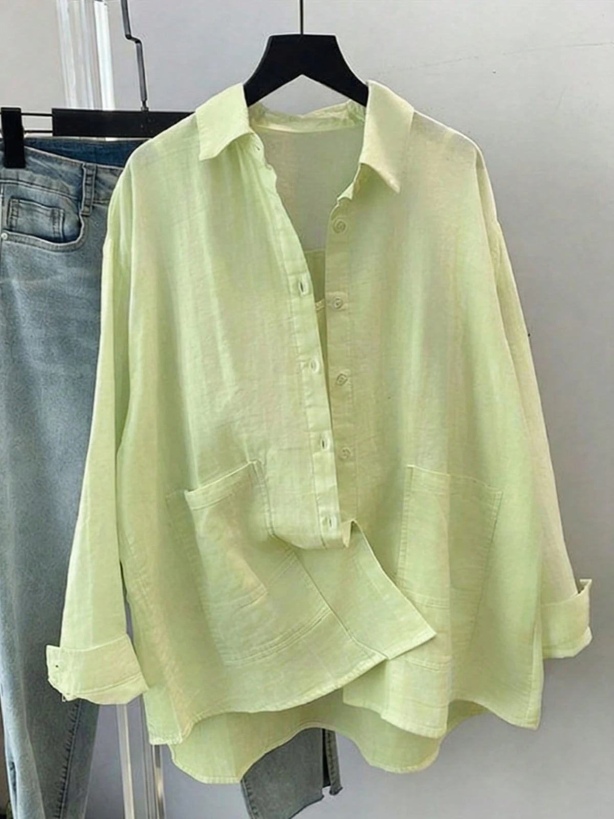Women's Spring/Summer Solid Color Loose Casual Long Sleeve Shirt, Featuring Dropped Shoulder Design, Shirt Collar And Front Pocket, Woven Fabric For Casual Daily Look.