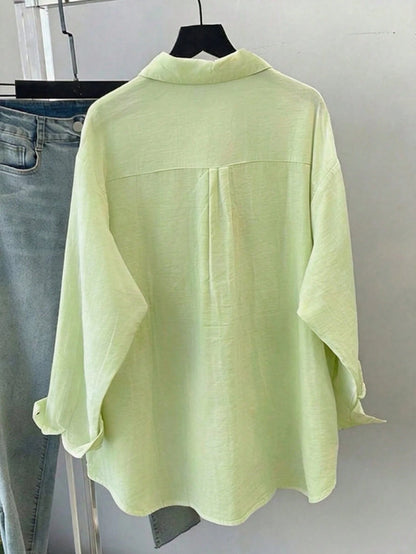Women's Spring/Summer Solid Color Loose Casual Long Sleeve Shirt, Featuring Dropped Shoulder Design, Shirt Collar And Front Pocket, Woven Fabric For Casual Daily Look.