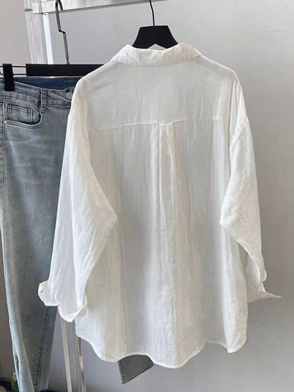 Women's Spring/Summer Solid Color Loose Casual Long Sleeve Shirt, Featuring Dropped Shoulder Design, Shirt Collar And Front Pocket, Woven Fabric For Casual Daily Look.