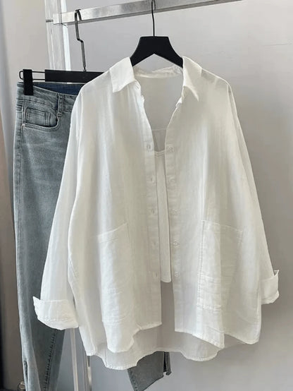 Women's Spring/Summer Solid Color Loose Casual Long Sleeve Shirt, Featuring Dropped Shoulder Design, Shirt Collar And Front Pocket, Woven Fabric For Casual Daily Look.