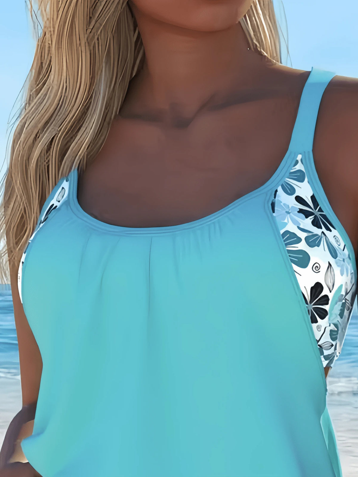 Women's Square Neck Drawstring Backless Pullover Tank Swimwear Set With Printed Shorts, Summer Casual Cute Swimwear Vacation Beach