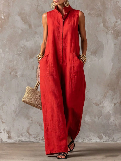 Women's Stand Collar Sleeveless Jumpsuit, Casual Minimalist Style, Loose Wide Leg Fit, Daily Wear & Vacation, Button-Front With Side Pocke