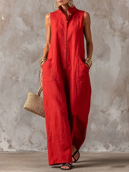 Women's Stand Collar Sleeveless Jumpsuit, Casual Minimalist Style, Loose Wide Leg Fit, Daily Wear & Vacation, Button-Front With Side Pocke