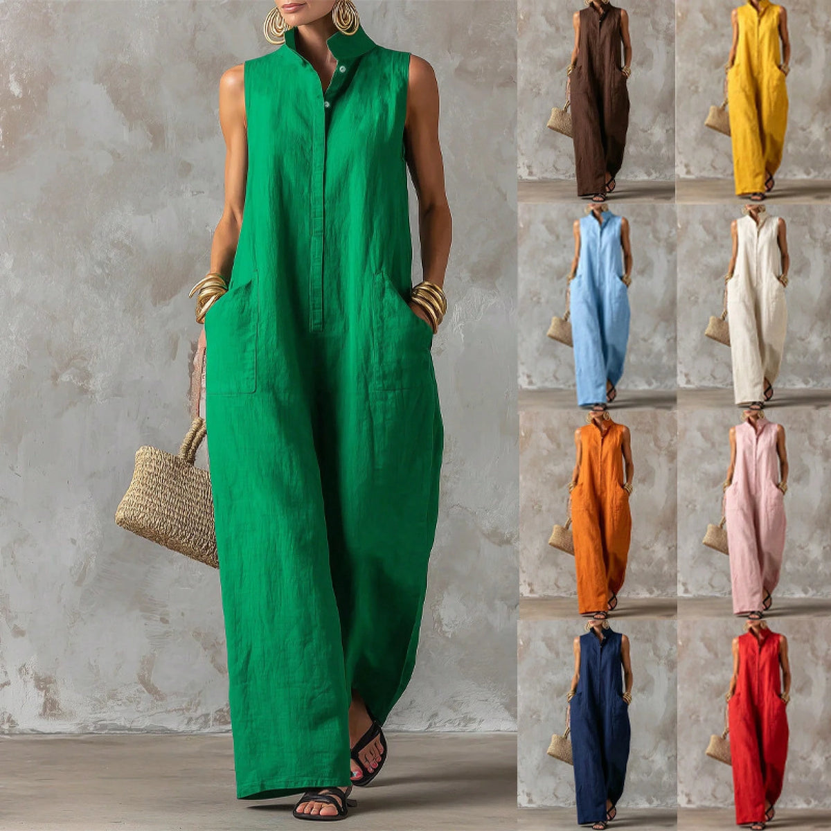 Women's Stand Collar Sleeveless Jumpsuit, Casual Minimalist Style, Loose Wide Leg Fit, Daily Wear & Vacation, Button-Front With Side Pocke