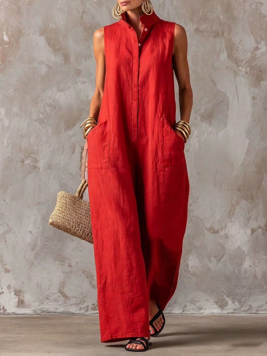 Women's Stand Collar Sleeveless Jumpsuit, Casual Minimalist Style, Loose Wide Leg Fit, Daily Wear & Vacation, Button-Front With Side Pocke