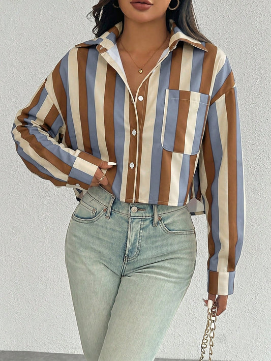 Women's Striped Button-Front Long Sleeve Shirt With Pockets
