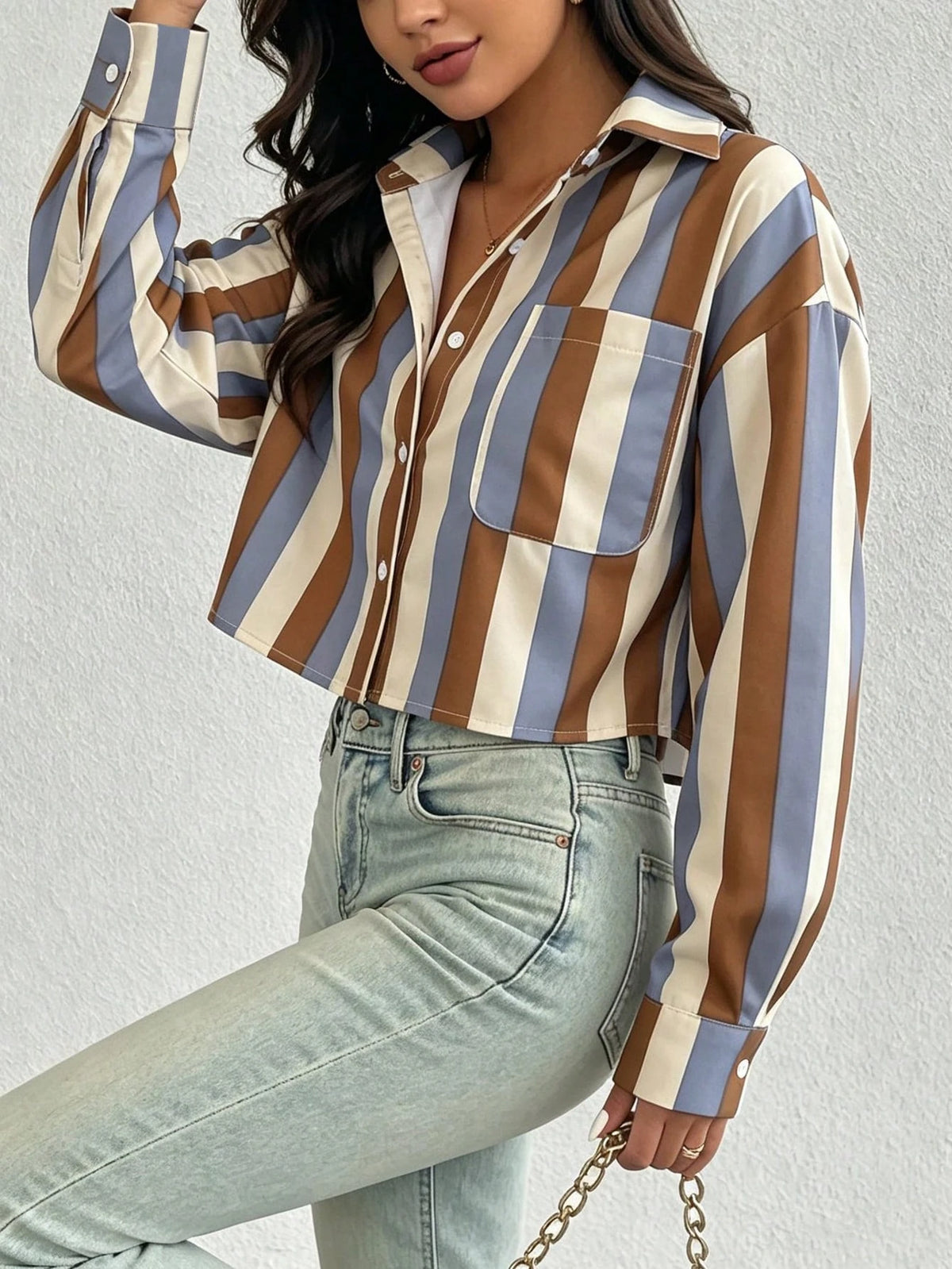 Women's Striped Button-Front Long Sleeve Shirt With Pockets
