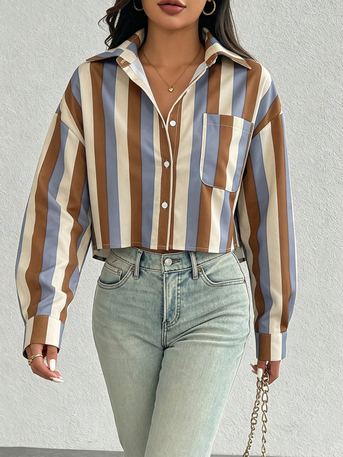Women's Striped Button-Front Long Sleeve Shirt With Pockets