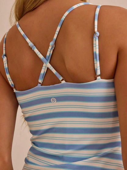 Women's Striped Crisscross Back Tennis Dress Sleeveless Square Neck A-Line Mini Dress Spaghetti Straps Built-In Shorts Activewear Casual Golf Outfit