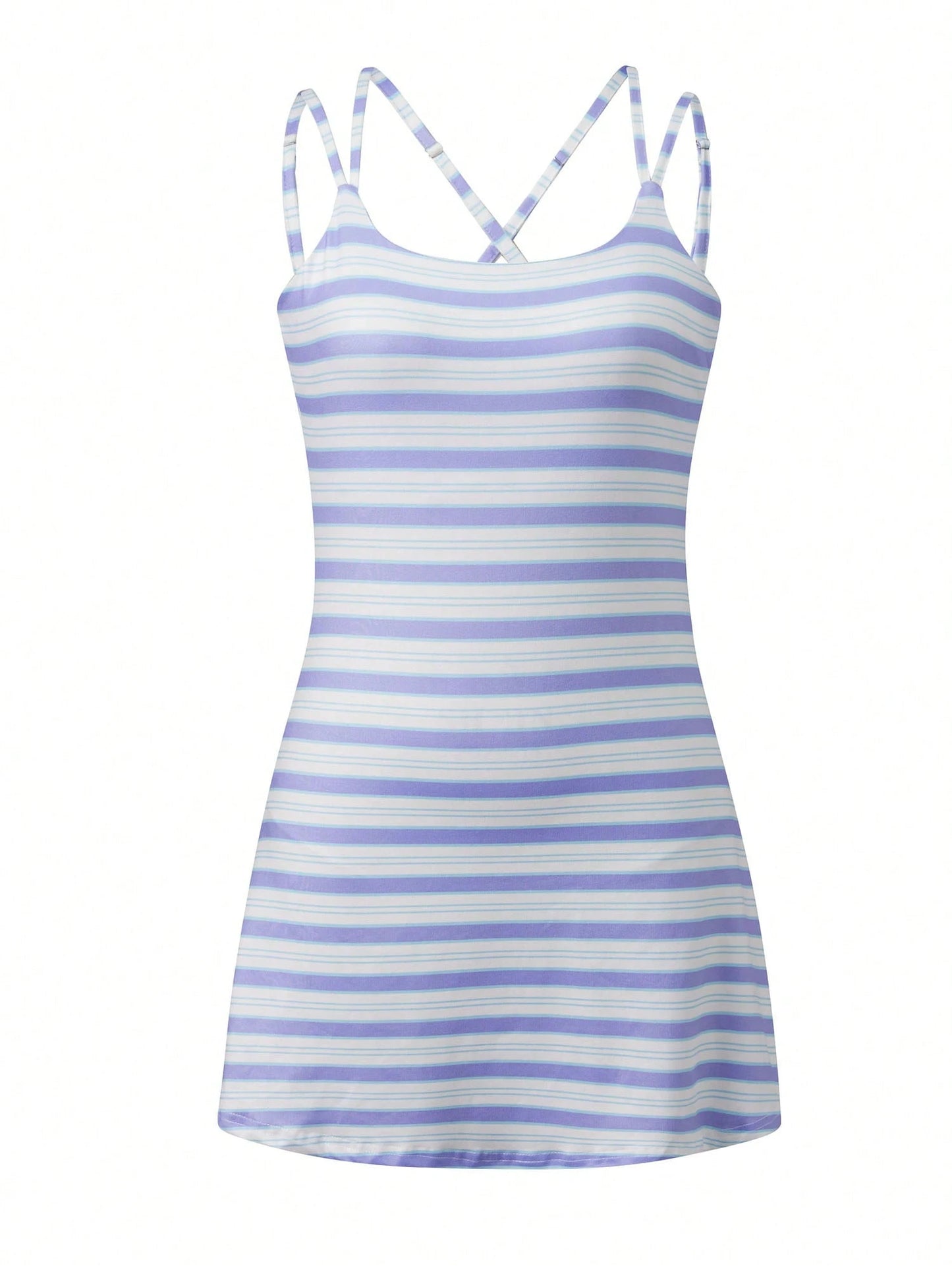Women's Striped Crisscross Back Tennis Dress Sleeveless Square Neck A-Line Mini Dress Spaghetti Straps Built-In Shorts Activewear Casual Golf Outfit