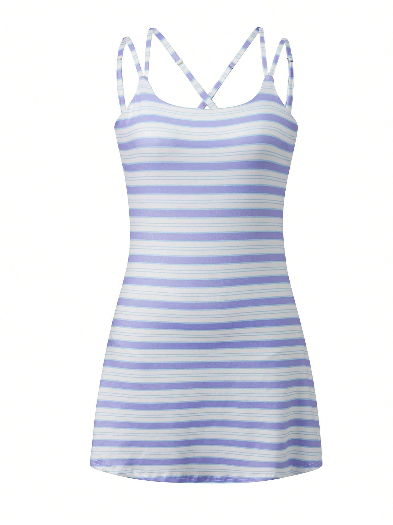 Women's Striped Crisscross Back Tennis Dress Sleeveless Square Neck A-Line Mini Dress Spaghetti Straps Built-In Shorts Activewear Casual Golf Outfit
