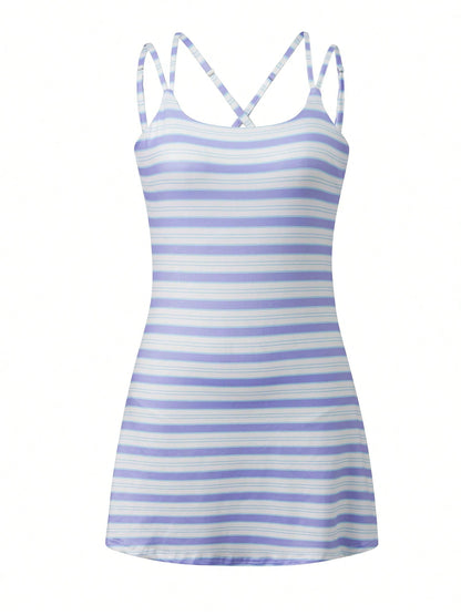 Women's Striped Crisscross Back Tennis Dress Sleeveless Square Neck A-Line Mini Dress Spaghetti Straps Built-In Shorts Activewear Casual Golf Outfit