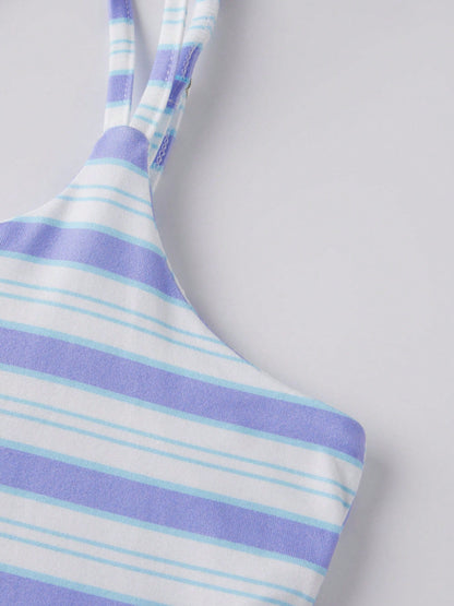 Women's Striped Crisscross Back Tennis Dress Sleeveless Square Neck A-Line Mini Dress Spaghetti Straps Built-In Shorts Activewear Casual Golf Outfit