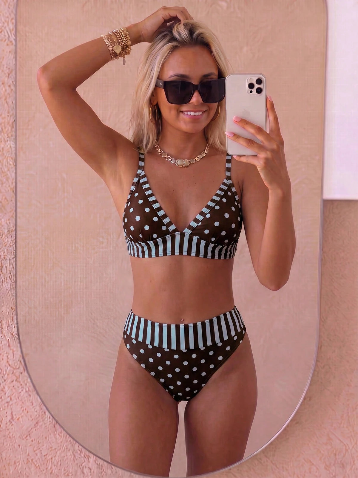 Women's Striped Dot Printed Triangle Neck Bikini 2 Pieces Set Suitable For Summer Island Vacation Beach Swimming