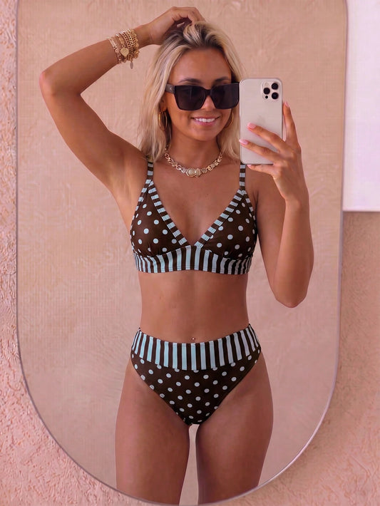 Women's Striped Dot Printed Triangle Neck Bikini 2 Pieces Set Suitable For Summer Island Vacation Beach Swimming