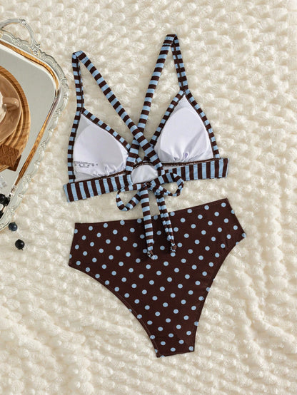 Women's Striped Dot Printed Triangle Neck Bikini 2 Pieces Set Suitable For Summer Island Vacation Beach Swimming