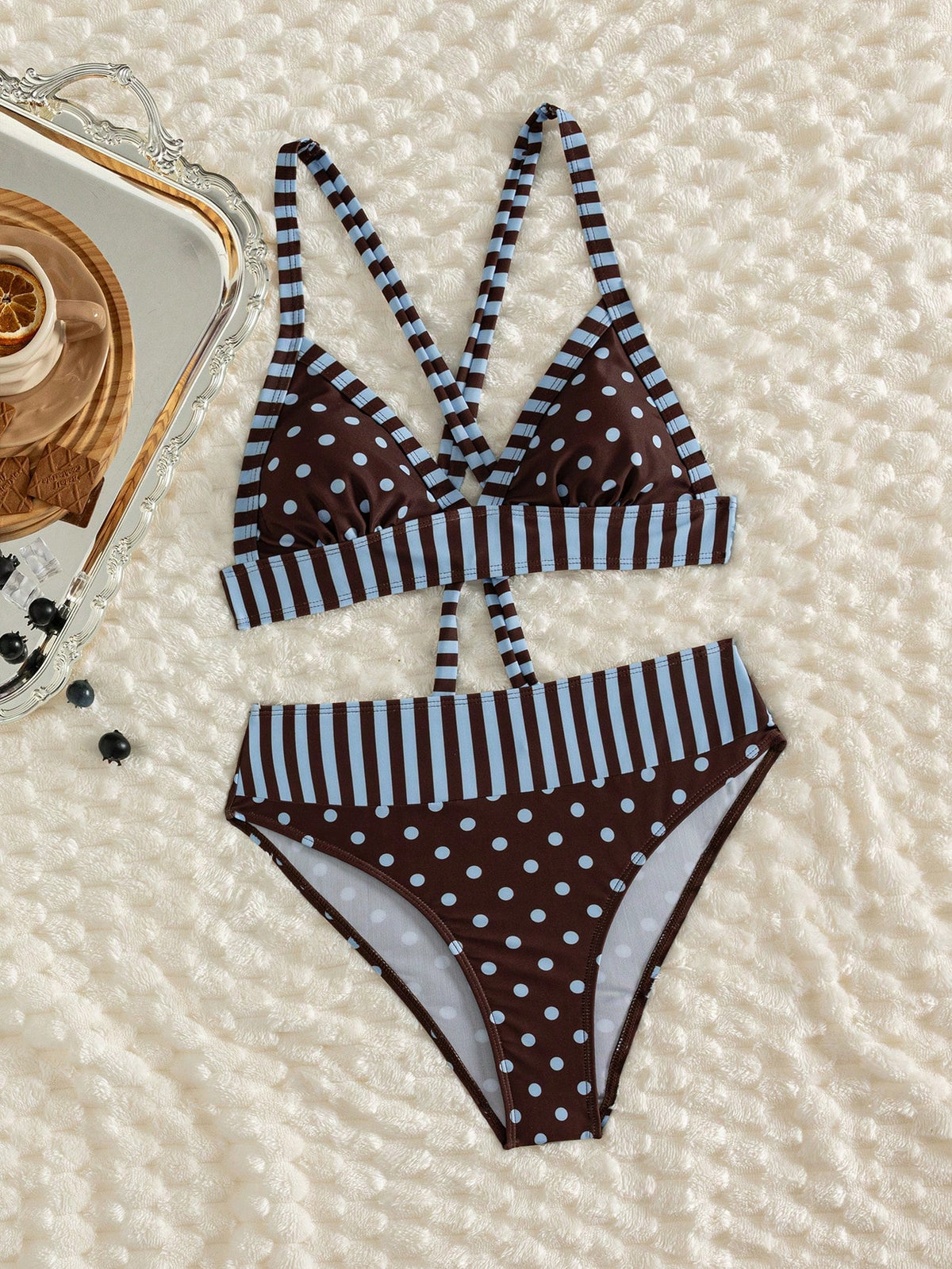 Women's Striped Dot Printed Triangle Neck Bikini 2 Pieces Set Suitable For Summer Island Vacation Beach Swimming