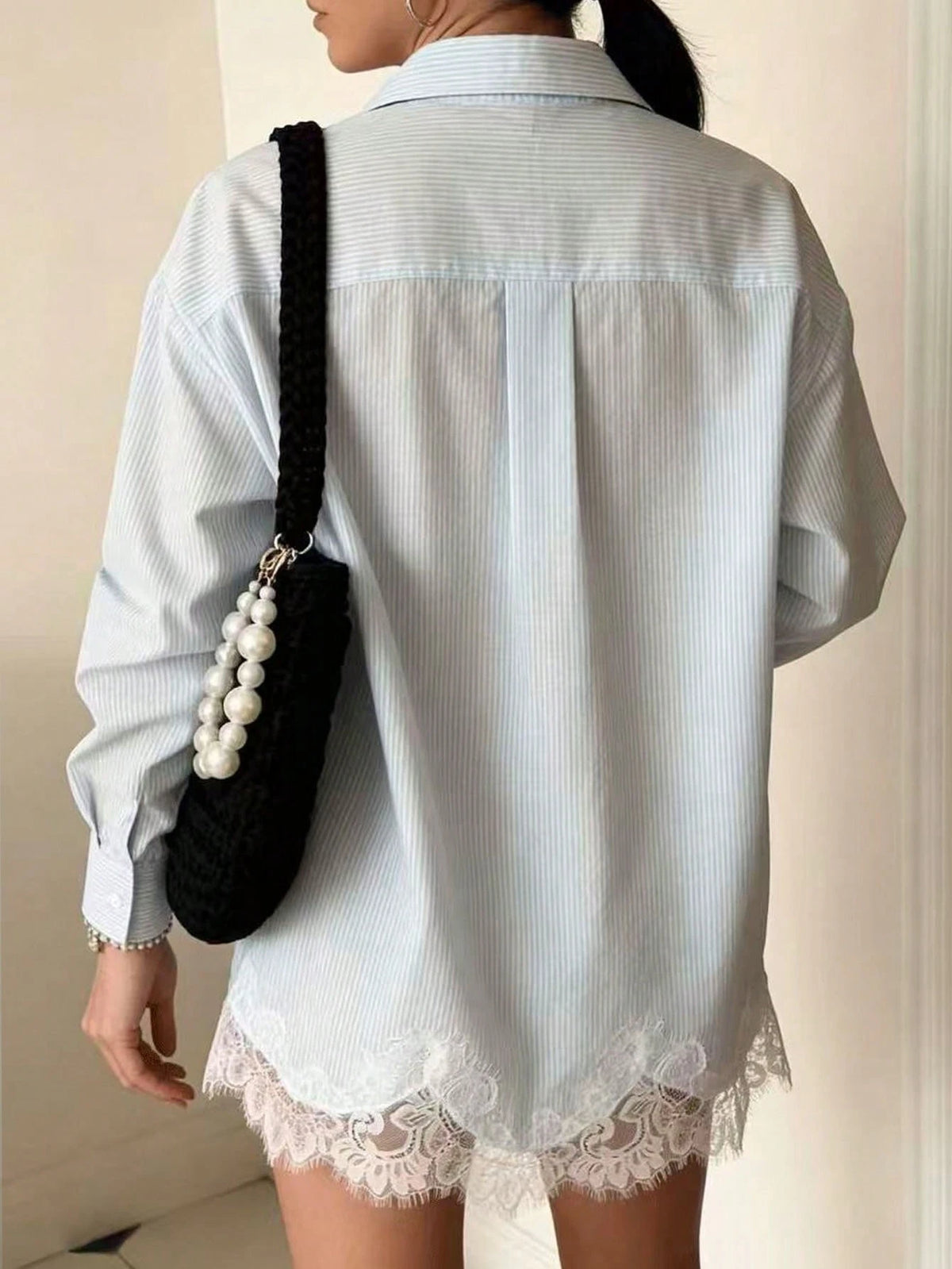 Women's Striped Long Sleeve Chiffon Blouse With Elegant Lace Trim, Regular Fit Spring