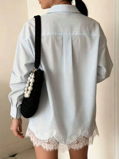 Women's Striped Long Sleeve Chiffon Blouse With Elegant Lace Trim, Regular Fit Spring