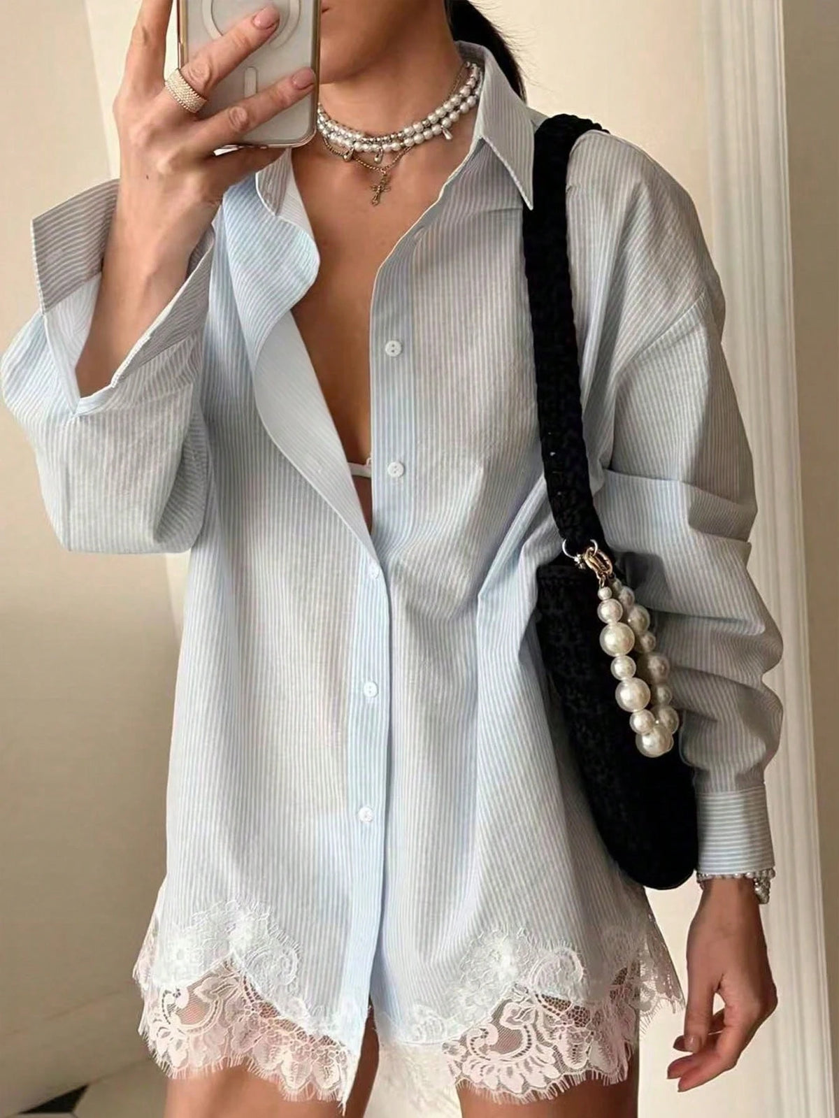 Women's Striped Long Sleeve Chiffon Blouse With Elegant Lace Trim, Regular Fit Spring