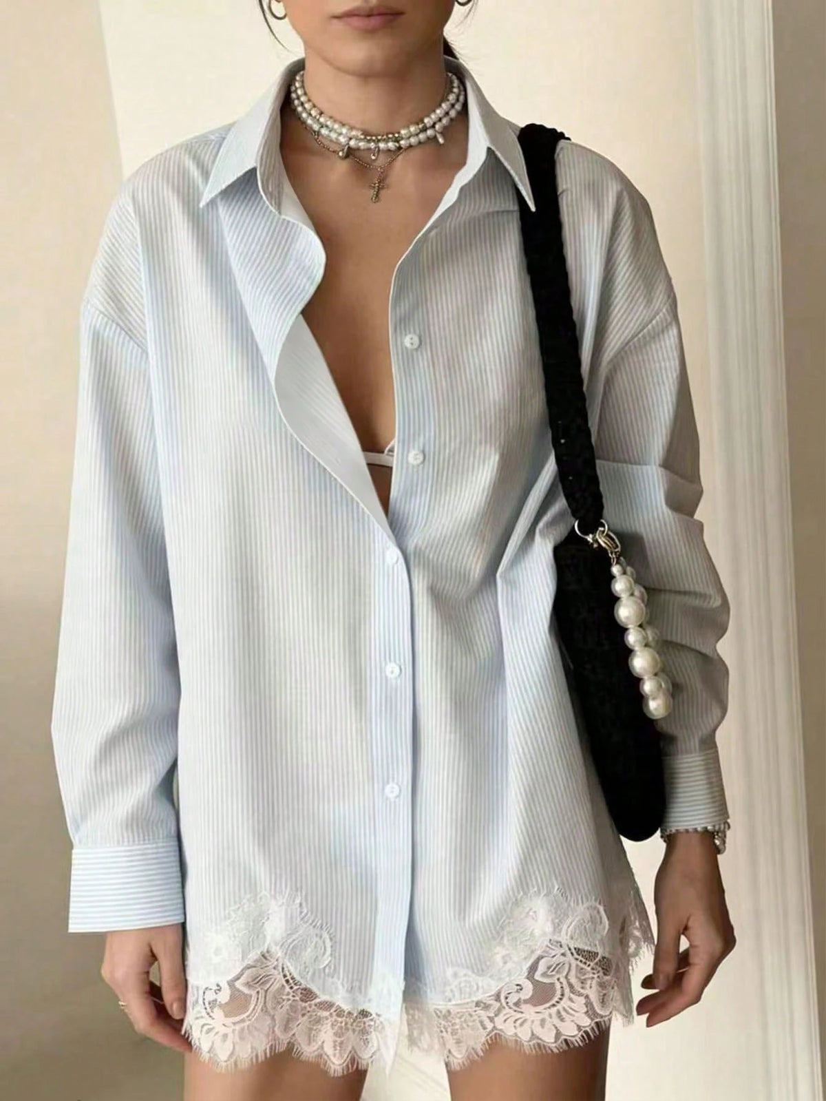 Women's Striped Long Sleeve Chiffon Blouse With Elegant Lace Trim, Regular Fit Spring