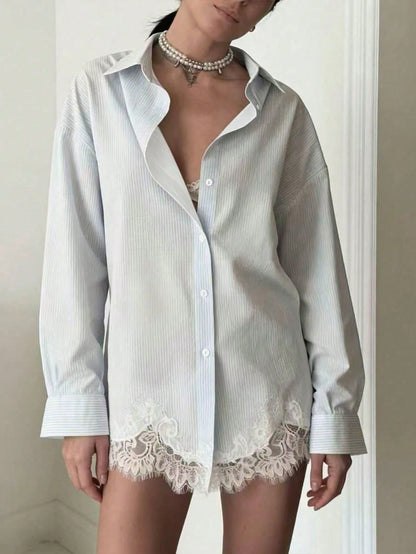 Women's Striped Long Sleeve Chiffon Blouse With Elegant Lace Trim, Regular Fit Spring