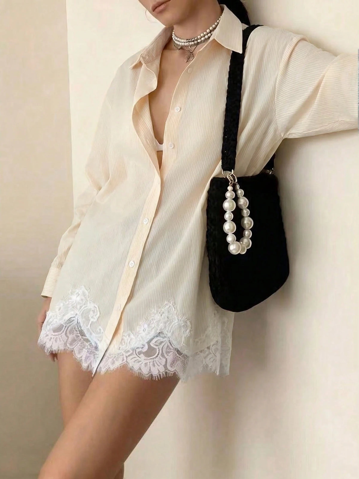Women's Striped Long Sleeve Chiffon Blouse With Elegant Lace Trim, Regular Fit Spring