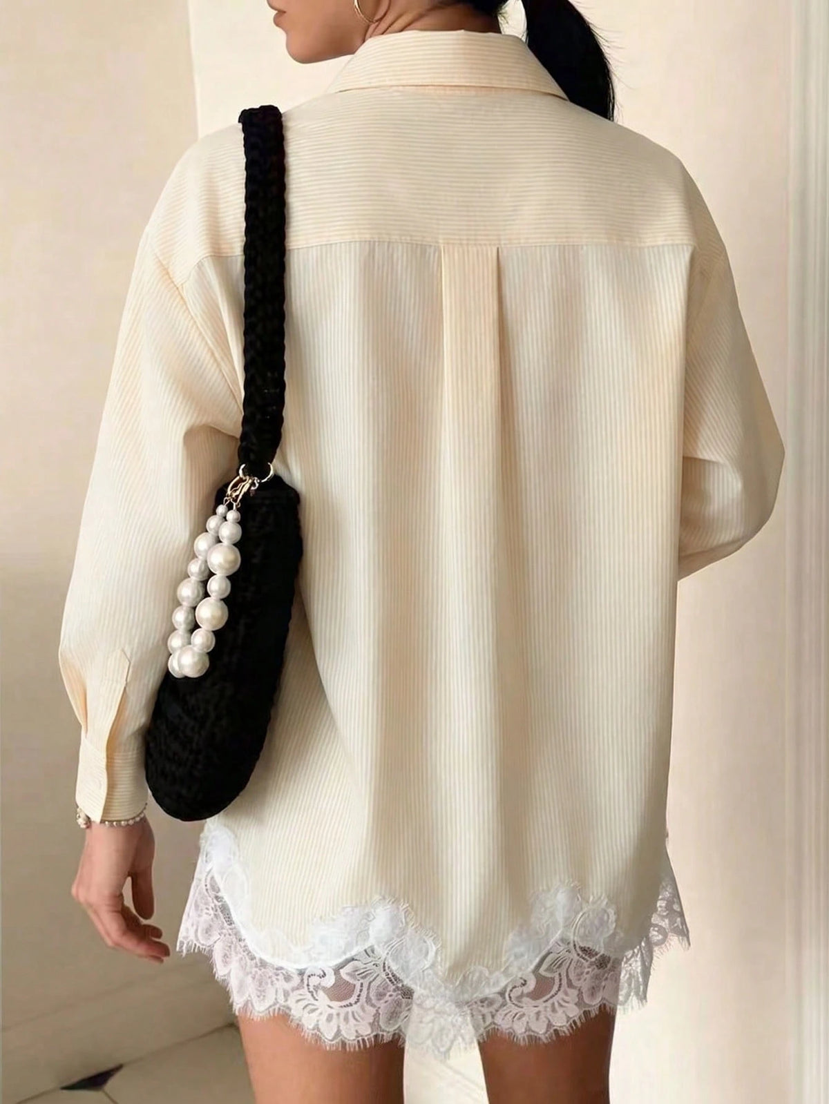 Women's Striped Long Sleeve Chiffon Blouse With Elegant Lace Trim, Regular Fit Spring