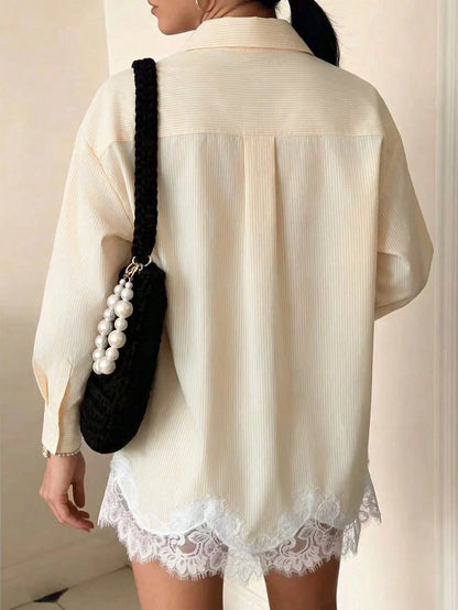 Women's Striped Long Sleeve Chiffon Blouse With Elegant Lace Trim, Regular Fit Spring