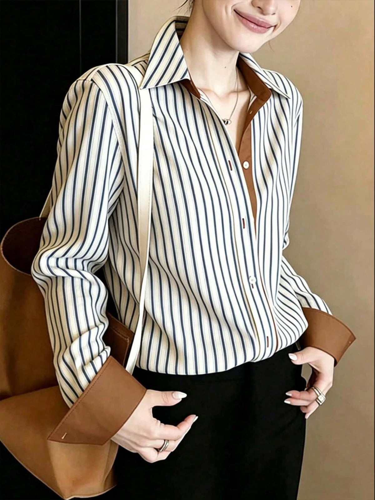 Women's Striped Long Sleeve Shirt Collar Top, Red Contrast Trim, Asymmetric Hem, Navy Blue And Coffee Brown Striped Polo Shirt, French Elegant Casual Shirt, Daily Wear, Spring