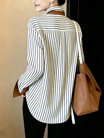 Women's Striped Long Sleeve Shirt Collar Top, Red Contrast Trim, Asymmetric Hem, Navy Blue And Coffee Brown Striped Polo Shirt, French Elegant Casual Shirt, Daily Wear, Spring