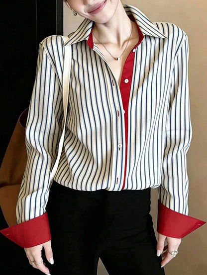 Women's Striped Long Sleeve Shirt Collar Top, Red Contrast Trim, Asymmetric Hem, Navy Blue And Coffee Brown Striped Polo Shirt, French Elegant Casual Shirt, Daily Wear, Spring