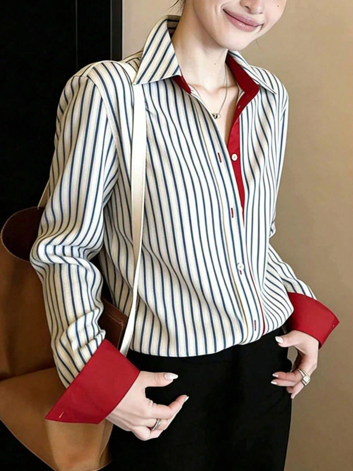 Women's Striped Long Sleeve Shirt Collar Top, Red Contrast Trim, Asymmetric Hem, Navy Blue And Coffee Brown Striped Polo Shirt, French Elegant Casual Shirt, Daily Wear, Spring