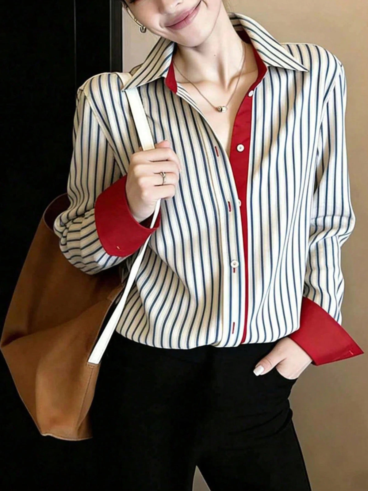 Women's Striped Long Sleeve Shirt Collar Top, Red Contrast Trim, Asymmetric Hem, Navy Blue And Coffee Brown Striped Polo Shirt, French Elegant Casual Shirt, Daily Wear, Spring