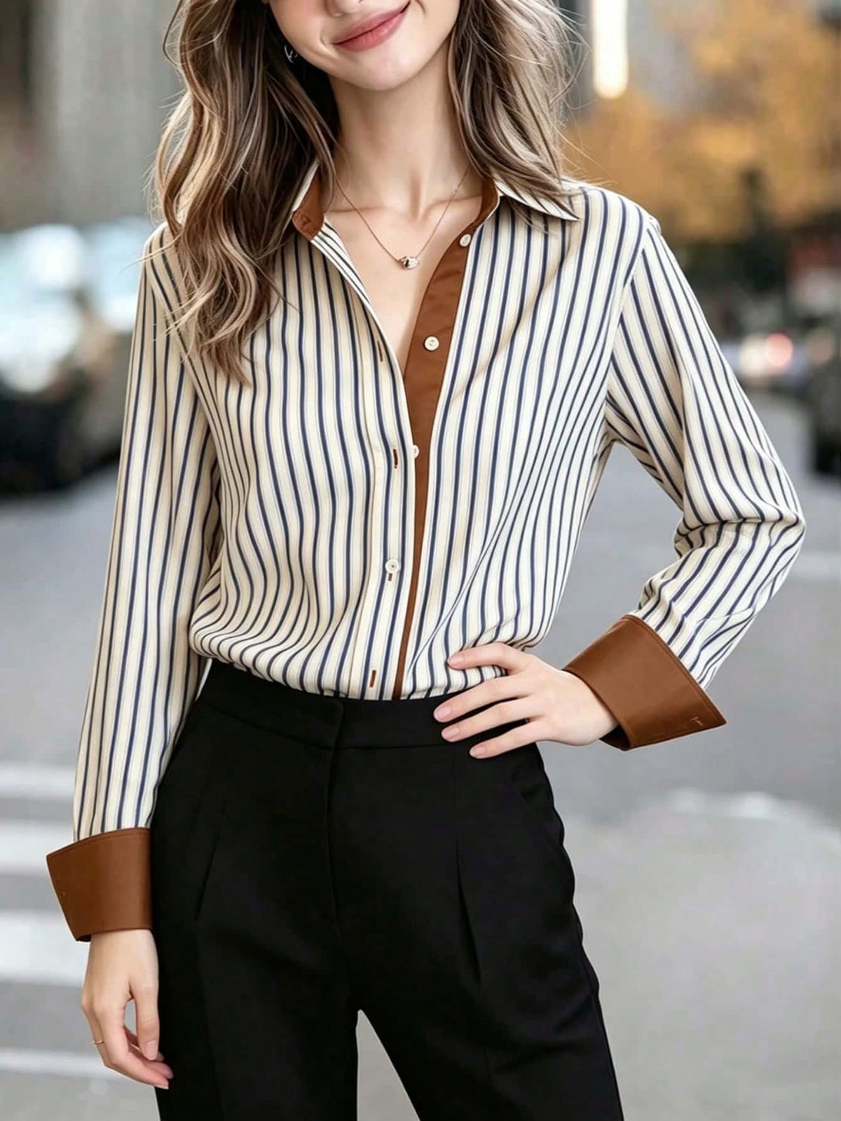Women's Striped Long Sleeve Shirt Collar Top, Red Contrast Trim, Asymmetric Hem, Navy Blue And Coffee Brown Striped Polo Shirt, French Elegant Casual Shirt, Daily Wear, Spring