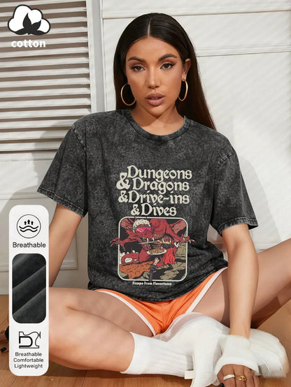 Women's Summer Adventure Graphic Print Round Neck Short Sleeve Casual Plus Size Washed Black T-Shirt Top Escape Spice Town Letter Print Women's Top Evil Red Dragon Graphic Print Women's 2026 Summer Cl