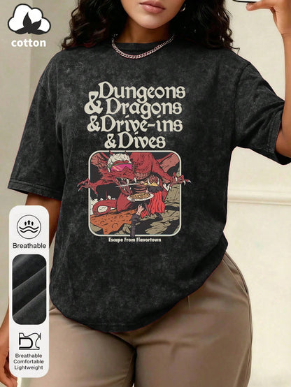 Women's Summer Adventure Graphic Print Round Neck Short Sleeve Casual Plus Size Washed Black T-Shirt Top Escape Spice Town Letter Print Women's Top Evil Red Dragon Graphic Print Women's 2026 Summer Cl