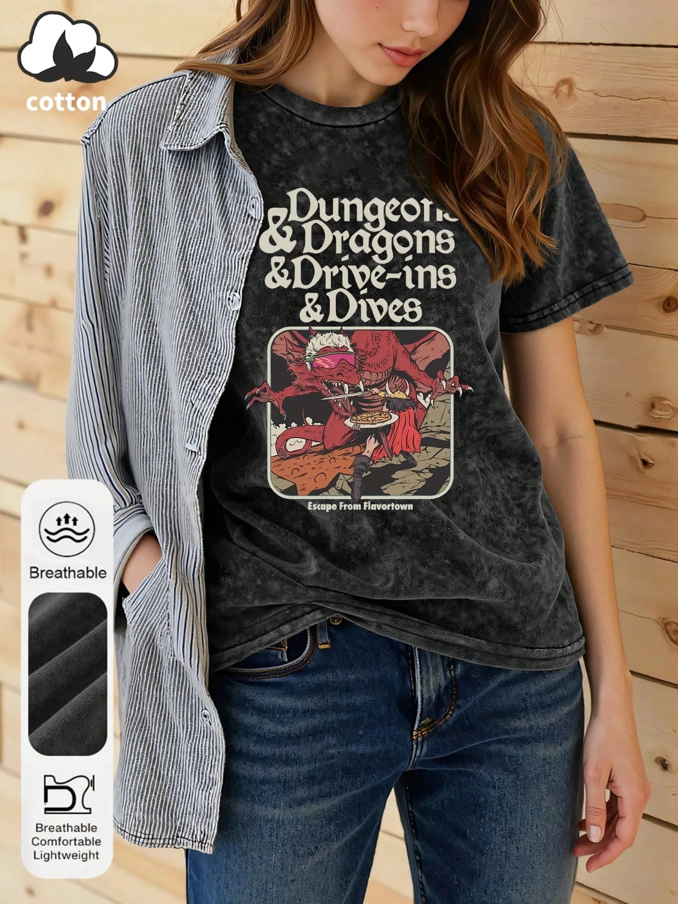 Women's Summer Adventure Graphic Print Round Neck Short Sleeve Casual Plus Size Washed Black T-Shirt Top Escape Spice Town Letter Print Women's Top Evil Red Dragon Graphic Print Women's 2026 Summer Cl