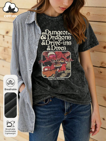Women's Summer Adventure Graphic Print Round Neck Short Sleeve Casual Plus Size Washed Black T-Shirt Top Escape Spice Town Letter Print Women's Top Evil Red Dragon Graphic Print Women's 2026 Summer Cl