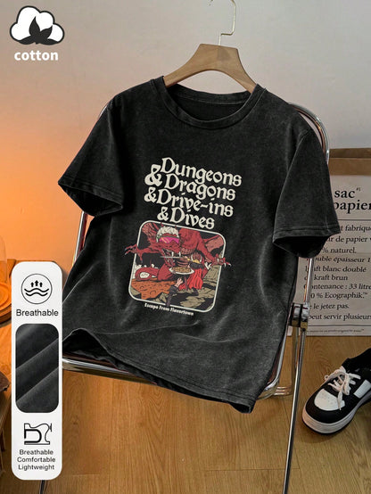 Women's Summer Adventure Graphic Print Round Neck Short Sleeve Casual Plus Size Washed Black T-Shirt Top Escape Spice Town Letter Print Women's Top Evil Red Dragon Graphic Print Women's 2026 Summer Cl