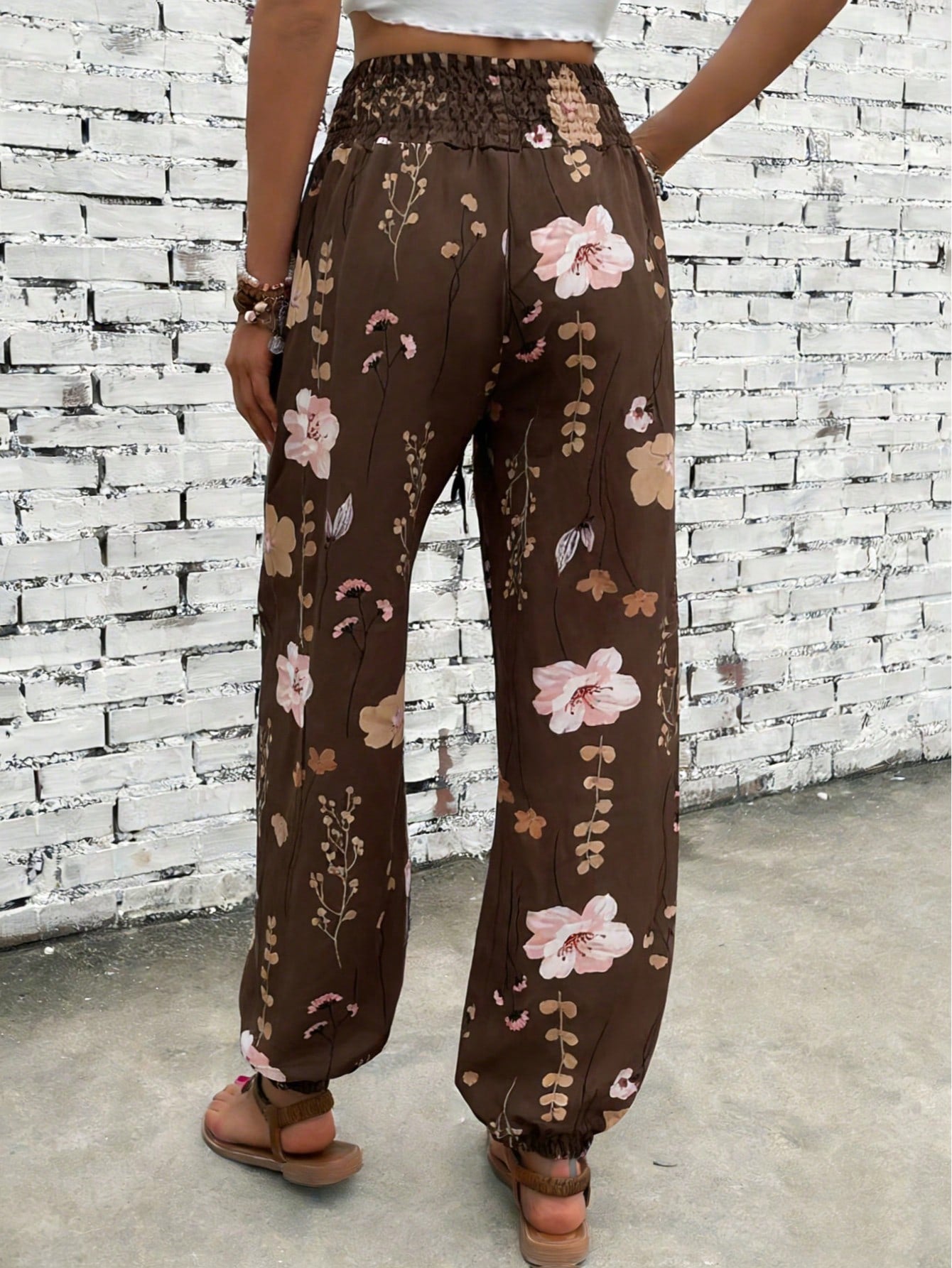 Women's Summer Autumn Casual Elegant Commute Printed Waist Gathered Button Pocket Long Pants, Random Print Direction Vacation