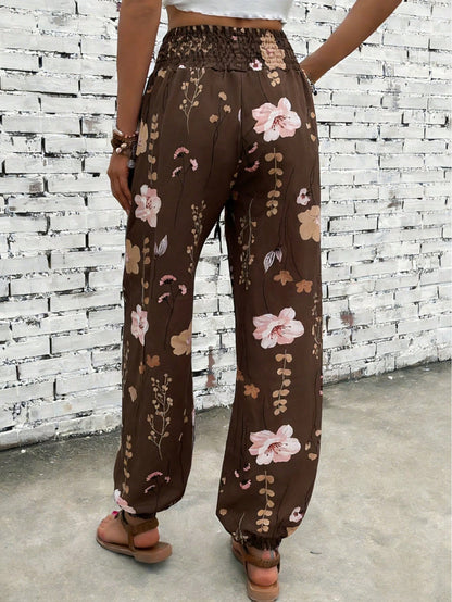 Women's Summer Autumn Casual Elegant Commute Printed Waist Gathered Button Pocket Long Pants, Random Print Direction Vacation