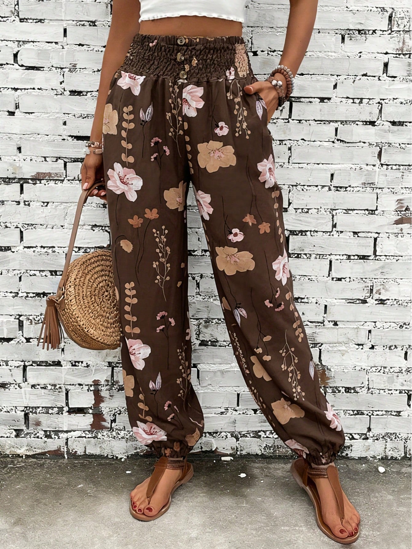 Women's Summer Autumn Casual Elegant Commute Printed Waist Gathered Button Pocket Long Pants, Random Print Direction Vacation