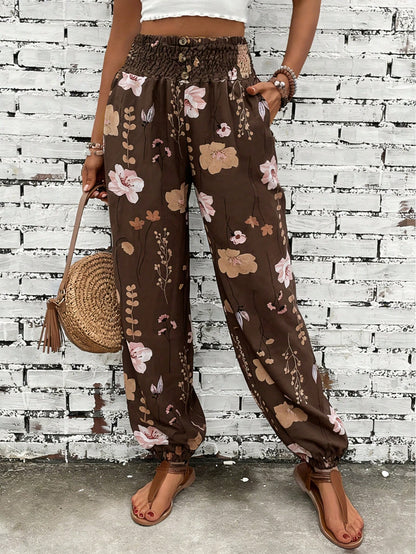Women's Summer Autumn Casual Elegant Commute Printed Waist Gathered Button Pocket Long Pants, Random Print Direction Vacation
