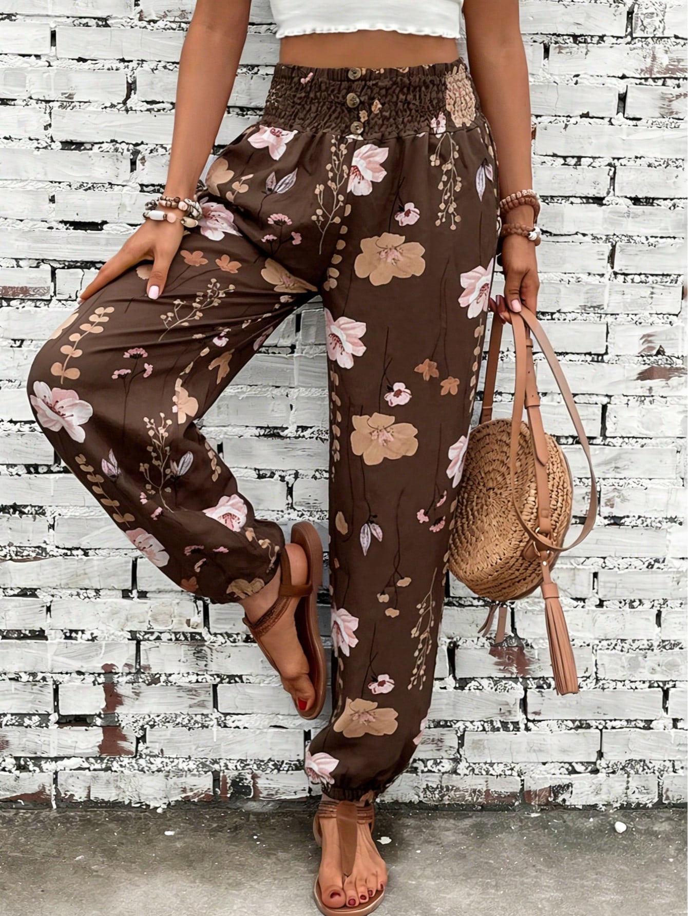 Women's Summer Autumn Casual Elegant Commute Printed Waist Gathered Button Pocket Long Pants, Random Print Direction Vacation