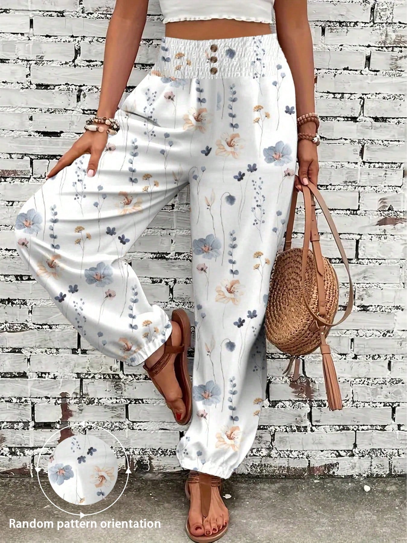 Women's Summer Autumn Casual Elegant Commute Printed Waist Gathered Button Pocket Long Pants, Random Print Direction Vacation
