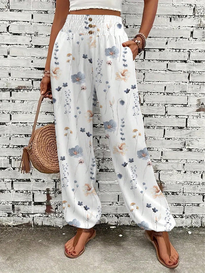 Women's Summer Autumn Casual Elegant Commute Printed Waist Gathered Button Pocket Long Pants, Random Print Direction Vacation