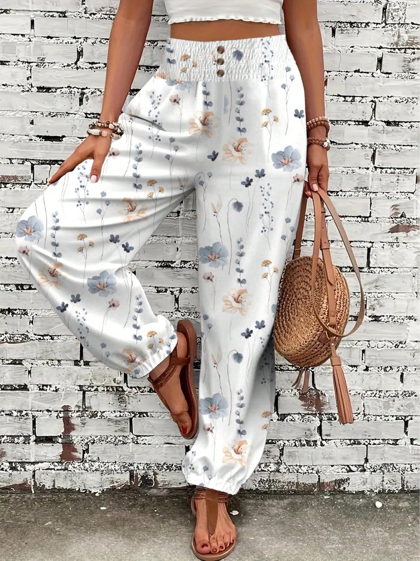Women's Summer Autumn Casual Elegant Commute Printed Waist Gathered Button Pocket Long Pants, Random Print Direction Vacation