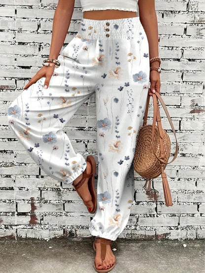 Women's Summer Autumn Casual Elegant Commute Printed Waist Gathered Button Pocket Long Pants, Random Print Direction Vacation